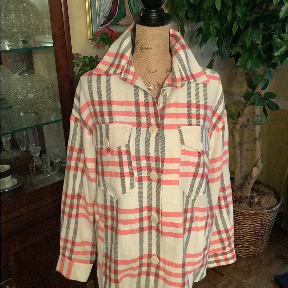 Cream Pink Long Sleeve Button Down Shirt with Notched Collar